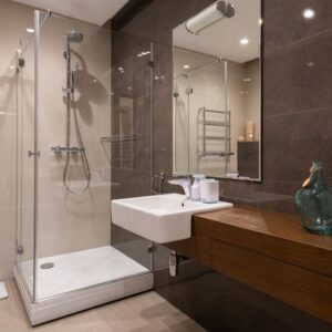 Luxurious contemporary bathroom featuring glass shower and sleek minimal design.